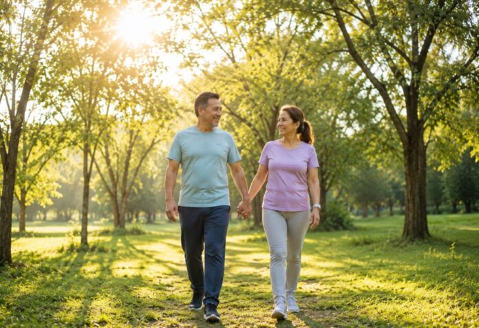Pareja de adultos caminando por un parque arbolado bajo la luz intensa del sol en una mañana despejada.