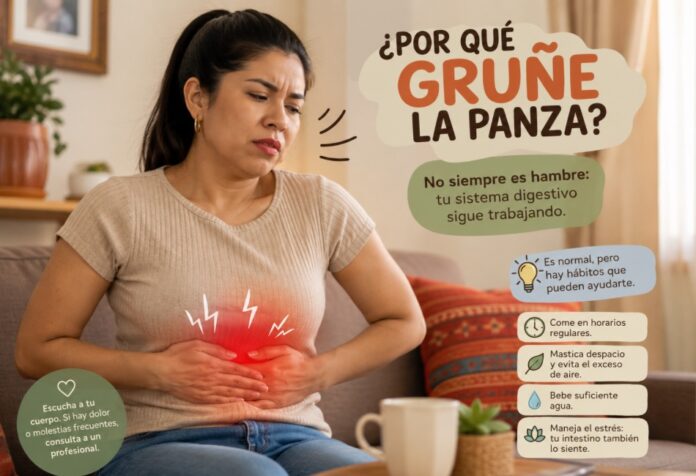 Persona sujetándose ligeramente el abdomen mientras escucha sonidos estomacales en un entorno silencioso.