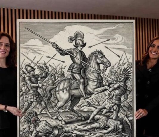 Ayuso no fue rechazada por venir a México, sino por hablarle a México desde arriba Isabel Díaz Ayuso y Alessandra Rojo de la Vega posan junto a una ilustración de escenas de la Conquista durante una reunión política en México.