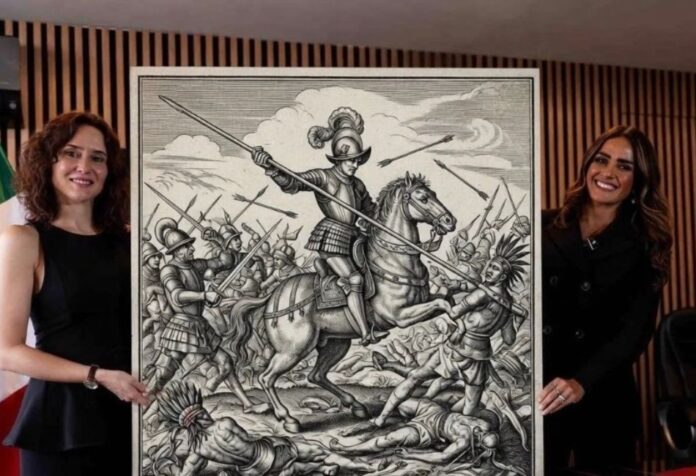 Isabel Díaz Ayuso y Alessandra Rojo de la Vega posan junto a una ilustración de escenas de la Conquista durante una reunión política en México.