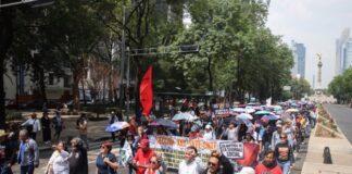 CNTE confirma paro nacional indefinido y anuncia mega marcha hacia el Zócalo de la CDMX Contingente de maestros de la CNTE marcha sobre Paseo de la Reforma en la Ciudad de México con pancartas, banderas y sombrillas durante una protesta magisterial.