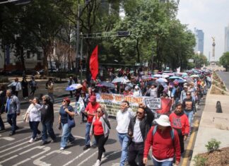 CNTE confirma paro nacional indefinido y anuncia mega marcha hacia el Zócalo de la CDMX Contingente de maestros de la CNTE marcha sobre Paseo de la Reforma en la Ciudad de México con pancartas, banderas y sombrillas durante una protesta magisterial.