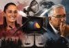 Decir “no vean TV Azteca” no es censura Composición artística que muestra a la presidenta de México y a Ricardo Salinas Pliego en lados opuestos, con una televisión al centro y elementos simbólicos relacionados con medios de comunicación, vigilancia y justicia.