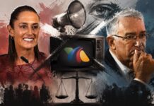 Decir “no vean TV Azteca” no es censura Composición artística que muestra a la presidenta de México y a Ricardo Salinas Pliego en lados opuestos, con una televisión al centro y elementos simbólicos relacionados con medios de comunicación, vigilancia y justicia.