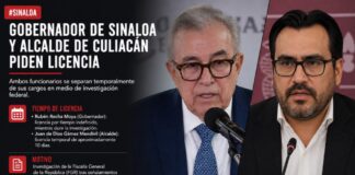 Gobernador de Sinaloa y alcalde de Culiacán piden licencia en medio de investigación federal Composición visual de Rubén Rocha Moya y Juan de Dios Gámez Mendívil en un diseño editorial informativo sobre su solicitud de licencia.