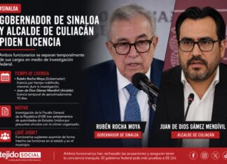Gobernador de Sinaloa y alcalde de Culiacán piden licencia en medio de investigación federal Composición visual de Rubén Rocha Moya y Juan de Dios Gámez Mendívil en un diseño editorial informativo sobre su solicitud de licencia.