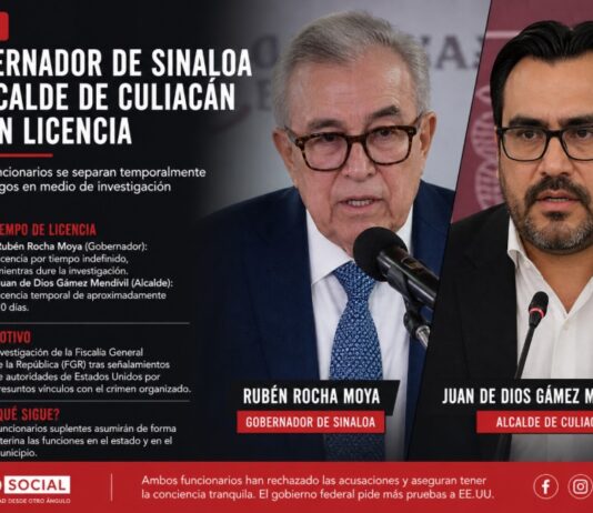Gobernador de Sinaloa y alcalde de Culiacán piden licencia en medio de investigación federal Composición visual de Rubén Rocha Moya y Juan de Dios Gámez Mendívil en un diseño editorial informativo sobre su solicitud de licencia.