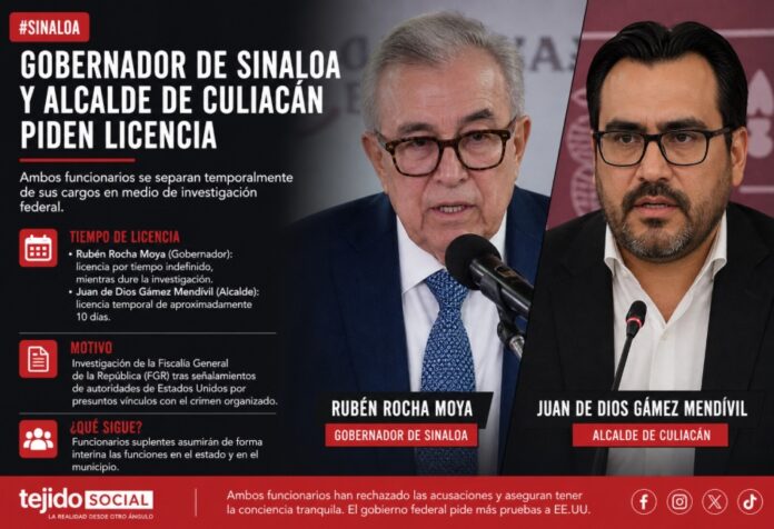 Composición visual de Rubén Rocha Moya y Juan de Dios Gámez Mendívil en un diseño editorial informativo sobre su solicitud de licencia.