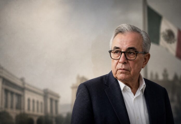 Rubén Rocha Moya en contexto político, con enfoque en debate sobre acusaciones sin pruebas públicas.