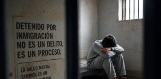 El aumento de suicidios en centros migratorios de Estados Unidos enciende alarmas sobre salud mental y trato humanitario Persona sentada sola en una celda de detención, con la cabeza inclinada y actitud de angustia, observada a través de barrotes. La imagen simboliza el aislamiento, la incertidumbre y los desafíos de salud mental que enfrentan algunos migrantes bajo custodia.