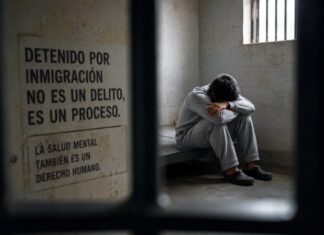 El aumento de suicidios en centros migratorios de Estados Unidos enciende alarmas sobre salud mental y trato humanitario Persona sentada sola en una celda de detención, con la cabeza inclinada y actitud de angustia, observada a través de barrotes. La imagen simboliza el aislamiento, la incertidumbre y los desafíos de salud mental que enfrentan algunos migrantes bajo custodia.