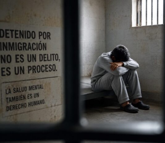 El aumento de suicidios en centros migratorios de Estados Unidos enciende alarmas sobre salud mental y trato humanitario Persona sentada sola en una celda de detención, con la cabeza inclinada y actitud de angustia, observada a través de barrotes. La imagen simboliza el aislamiento, la incertidumbre y los desafíos de salud mental que enfrentan algunos migrantes bajo custodia.