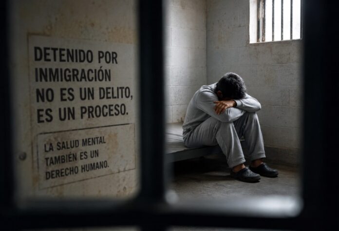 Salud mental de detenidos por migración Persona sentada sola en una celda de detención, con la cabeza inclinada y actitud de angustia, observada a través de barrotes. La imagen simboliza el aislamiento, la incertidumbre y los desafíos de salud mental que enfrentan algunos migrantes bajo custodia.