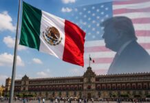 Quienes ven en Estados Unidos la solución a los problemas, olvidaron lo que costó la independencia Bandera monumental de México frente a Palacio Nacional en el Zócalo capitalino, con una proyección difusa de Donald Trump y la bandera de Estados Unidos al fondo.