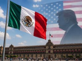 Quienes ven en Estados Unidos la solución a los problemas, olvidaron lo que costó la independencia Bandera monumental de México frente a Palacio Nacional en el Zócalo capitalino, con una proyección difusa de Donald Trump y la bandera de Estados Unidos al fondo.