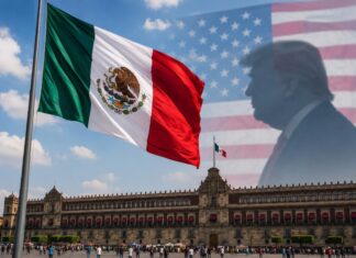 Quienes ven en Estados Unidos la solución a los problemas, olvidaron lo que costó la independencia Bandera monumental de México frente a Palacio Nacional en el Zócalo capitalino, con una proyección difusa de Donald Trump y la bandera de Estados Unidos al fondo.