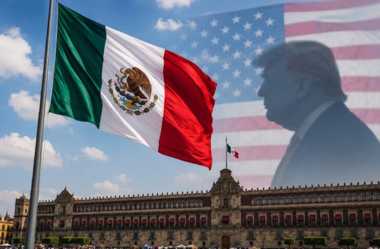Quienes ven en Estados Unidos la solución a los problemas, olvidaron lo que costó la independencia Bandera monumental de México frente a Palacio Nacional en el Zócalo capitalino, con una proyección difusa de Donald Trump y la bandera de Estados Unidos al fondo.