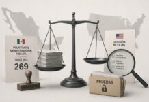 Sheinbaum recuerda que EU mantiene pendientes 269 solicitudes de extradición hechas por México desde 2018 Ilustración conceptual con una balanza judicial entre México y Estados Unidos, expedientes de extradición y documentos relacionados con pruebas y debido proceso.