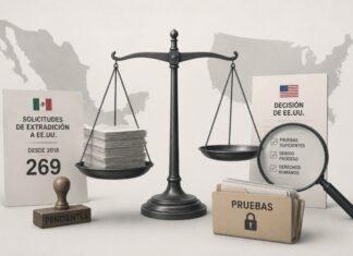 Sheinbaum recuerda que EU mantiene pendientes 269 solicitudes de extradición hechas por México desde 2018 Ilustración conceptual con una balanza judicial entre México y Estados Unidos, expedientes de extradición y documentos relacionados con pruebas y debido proceso.