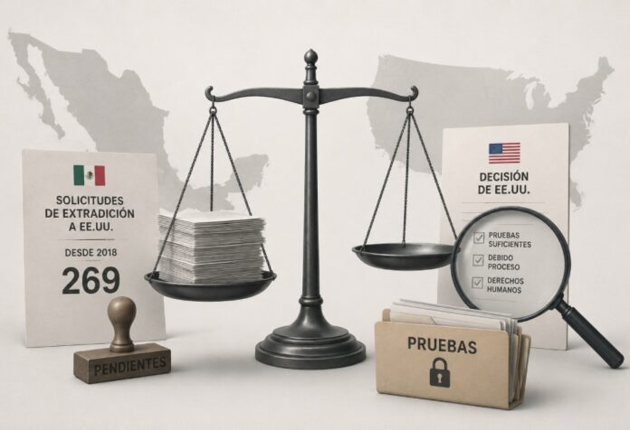 Solicitudes de extradición Ilustración conceptual con una balanza judicial entre México y Estados Unidos, expedientes de extradición y documentos relacionados con pruebas y debido proceso.