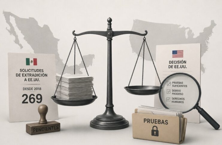 Sheinbaum recuerda que EU mantiene pendientes 269 solicitudes de extradición hechas por México desde 2018 Ilustración conceptual con una balanza judicial entre México y Estados Unidos, expedientes de extradición y documentos relacionados con pruebas y debido proceso.