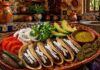 Los tacos de frijol: una comida sencilla que en realidad alimenta muy bien Plato de barro con tacos de frijol acompañados de aguacate, nopales asados, salsa verde, jitomate y cebolla en una cocina de estilo mexicano tradicional.