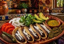 Los tacos de frijol: una comida sencilla que en realidad alimenta muy bien Plato de barro con tacos de frijol acompañados de aguacate, nopales asados, salsa verde, jitomate y cebolla en una cocina de estilo mexicano tradicional.