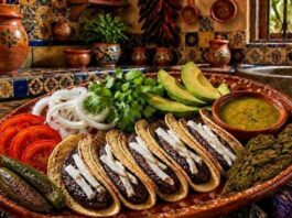 Los tacos de frijol: una comida sencilla que en realidad alimenta muy bien Plato de barro con tacos de frijol acompañados de aguacate, nopales asados, salsa verde, jitomate y cebolla en una cocina de estilo mexicano tradicional.