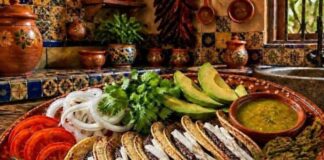 Los tacos de frijol: una comida sencilla que en realidad alimenta muy bien Plato de barro con tacos de frijol acompañados de aguacate, nopales asados, salsa verde, jitomate y cebolla en una cocina de estilo mexicano tradicional.