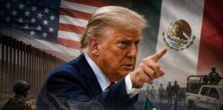 Trump vuelve a mirar hacia México por necesidad de recuperar confianza política en su país Imagen conceptual de Donald Trump frente a banderas de Estados Unidos y México, en un contexto de tensión política y seguridad fronteriza.