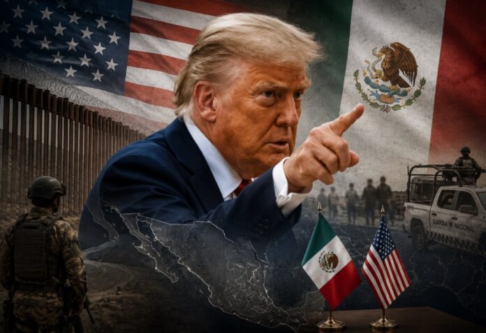 Imagen conceptual de Donald Trump frente a banderas de Estados Unidos y México, en un contexto de tensión política y seguridad fronteriza.