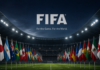 ¿Quién es la FIFA, por qué gana tanto dinero y qué hace con él? Estadio de fútbol lleno e iluminado de noche, con banderas de distintos países alineadas sobre la cancha y el logotipo de la FIFA al centro, acompañado de un mensaje sobre el negocio global del Mundial.
