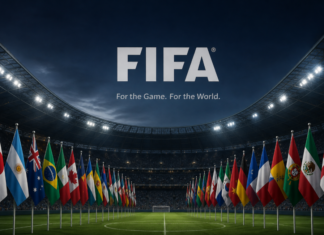 ¿Quién es la FIFA, por qué gana tanto dinero y qué hace con él? Estadio de fútbol lleno e iluminado de noche, con banderas de distintos países alineadas sobre la cancha y el logotipo de la FIFA al centro, acompañado de un mensaje sobre el negocio global del Mundial.