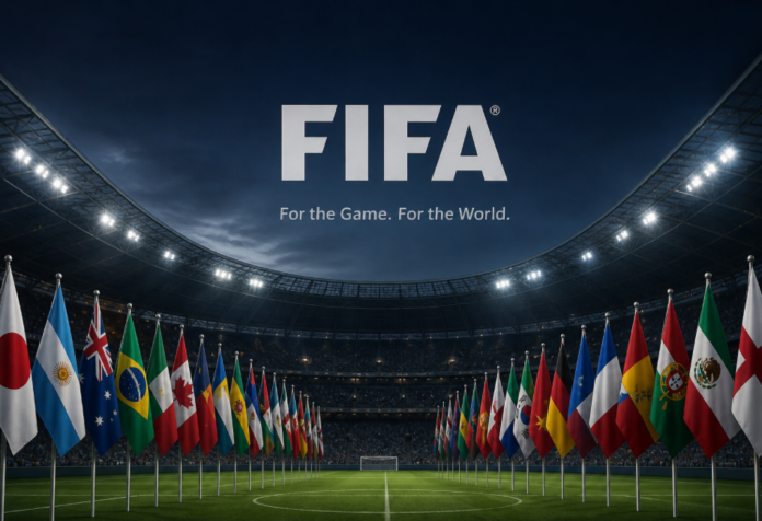 Estadio de fútbol lleno e iluminado de noche, con banderas de distintos países alineadas sobre la cancha y el logotipo de la FIFA al centro, acompañado de un mensaje sobre el negocio global del Mundial.