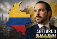 Colombia gira a la derecha, pero no abandona el debate sobre su futuro Retrato editorial de Abelardo de la Espriella en primer plano junto a un mapa de Colombia con los colores de la bandera nacional. Al fondo se aprecia una ciudad colombiana y elementos gráficos que evocan el ambiente político de la elección presidencial.