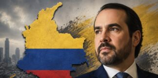 Colombia gira a la derecha, pero no abandona el debate sobre su futuro Retrato editorial de Abelardo de la Espriella en primer plano junto a un mapa de Colombia con los colores de la bandera nacional. Al fondo se aprecia una ciudad colombiana y elementos gráficos que evocan el ambiente político de la elección presidencial.