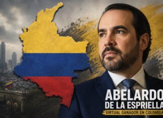 Colombia gira a la derecha, pero no abandona el debate sobre su futuro Retrato editorial de Abelardo de la Espriella en primer plano junto a un mapa de Colombia con los colores de la bandera nacional. Al fondo se aprecia una ciudad colombiana y elementos gráficos que evocan el ambiente político de la elección presidencial.