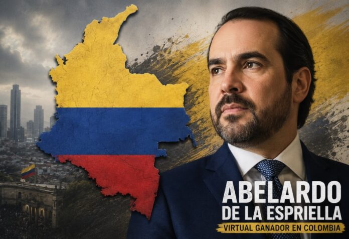 Abelardo de la Espriella Retrato editorial de Abelardo de la Espriella en primer plano junto a un mapa de Colombia con los colores de la bandera nacional. Al fondo se aprecia una ciudad colombiana y elementos gráficos que evocan el ambiente político de la elección presidencial.