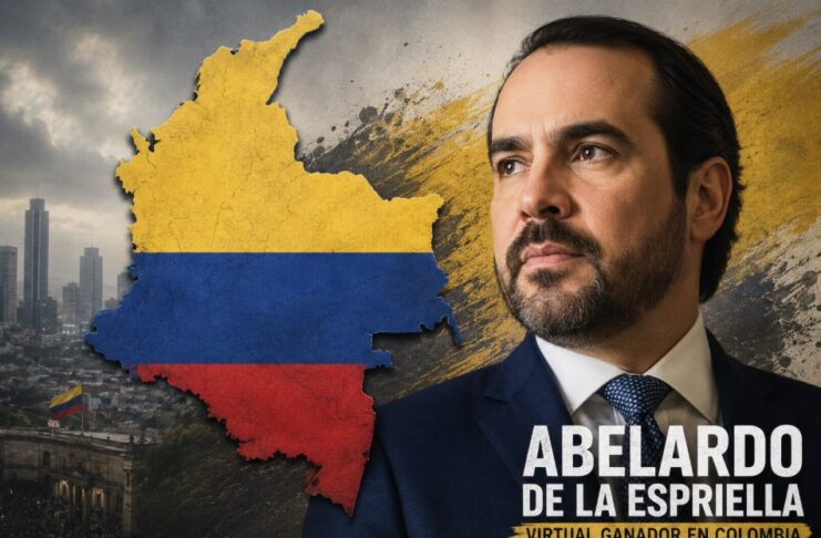 Colombia gira a la derecha, pero no abandona el debate sobre su futuro Retrato editorial de Abelardo de la Espriella en primer plano junto a un mapa de Colombia con los colores de la bandera nacional. Al fondo se aprecia una ciudad colombiana y elementos gráficos que evocan el ambiente político de la elección presidencial.