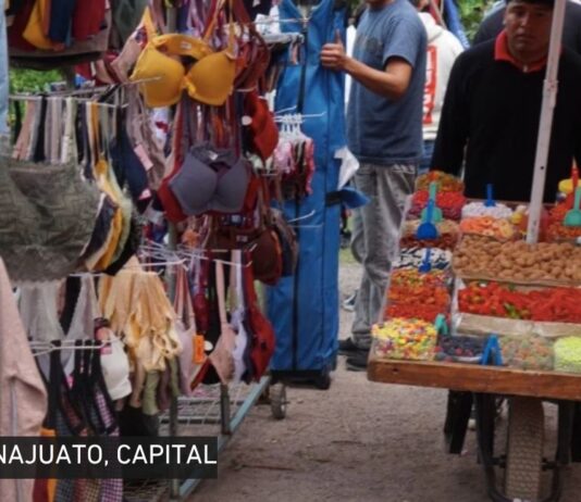 ¿Más ambulantes o más oportunidades? El reto de ordenar el comercio en Guanajuato capital Puesto ambulante de dulces y botanas junto a comerciantes semifijos en una calle concurrida de Guanajuato capital.