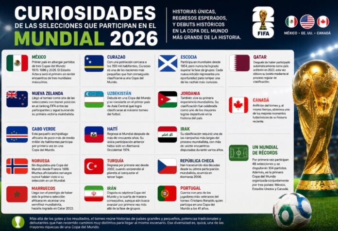 Curiosidades del mundial Infografía horizontal sobre curiosidades de las selecciones que participan en el Mundial 2026, con banderas, datos breves y una copa dorada al costado.