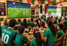 Cuando el futbol se volvió negocio: los derechos de transmisión y el costo de ver el Mundial Familias y aficionados observan un partido de futbol en las pantallas de un restaurante decorado con motivos mexicanos mientras comparten alimentos y bebidas.