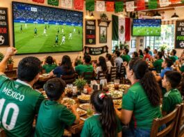 Cuando el futbol se volvió negocio: los derechos de transmisión y el costo de ver el Mundial Familias y aficionados observan un partido de futbol en las pantallas de un restaurante decorado con motivos mexicanos mientras comparten alimentos y bebidas.