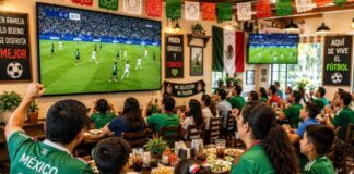 Cuando el futbol se volvió negocio: los derechos de transmisión y el costo de ver el Mundial Familias y aficionados observan un partido de futbol en las pantallas de un restaurante decorado con motivos mexicanos mientras comparten alimentos y bebidas.