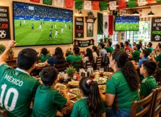 Cuando el futbol se volvió negocio: los derechos de transmisión y el costo de ver el Mundial Familias y aficionados observan un partido de futbol en las pantallas de un restaurante decorado con motivos mexicanos mientras comparten alimentos y bebidas.