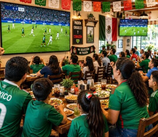 Cuando el futbol se volvió negocio: los derechos de transmisión y el costo de ver el Mundial Familias y aficionados observan un partido de futbol en las pantallas de un restaurante decorado con motivos mexicanos mientras comparten alimentos y bebidas.