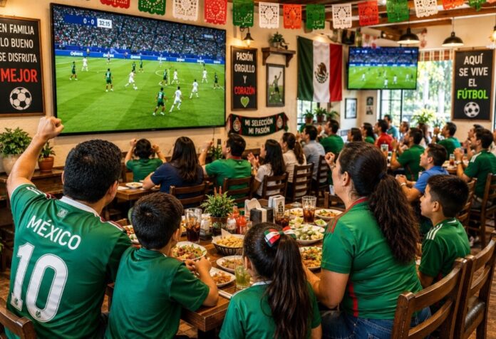 El negocio del mundial Familias y aficionados observan un partido de futbol en las pantallas de un restaurante decorado con motivos mexicanos mientras comparten alimentos y bebidas.
