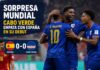 Cabo Verde sorprende al mundo: España tropieza en su debut mundialista Jugadores de Cabo Verde celebran con entusiasmo sobre el terreno de juego tras empatar 0-0 ante España en la Copa Mundial de 2026. Al fondo aparece un futbolista español con gesto de frustración. La composición destaca el marcador sin goles y resalta el resultado como una de las primeras grandes sorpresas del torneo.