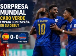 Cabo Verde sorprende al mundo: España tropieza en su debut mundialista Jugadores de Cabo Verde celebran con entusiasmo sobre el terreno de juego tras empatar 0-0 ante España en la Copa Mundial de 2026. Al fondo aparece un futbolista español con gesto de frustración. La composición destaca el marcador sin goles y resalta el resultado como una de las primeras grandes sorpresas del torneo.