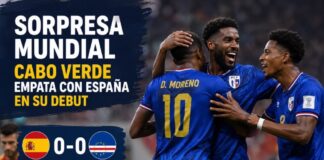 Cabo Verde sorprende al mundo: España tropieza en su debut mundialista Jugadores de Cabo Verde celebran con entusiasmo sobre el terreno de juego tras empatar 0-0 ante España en la Copa Mundial de 2026. Al fondo aparece un futbolista español con gesto de frustración. La composición destaca el marcador sin goles y resalta el resultado como una de las primeras grandes sorpresas del torneo.